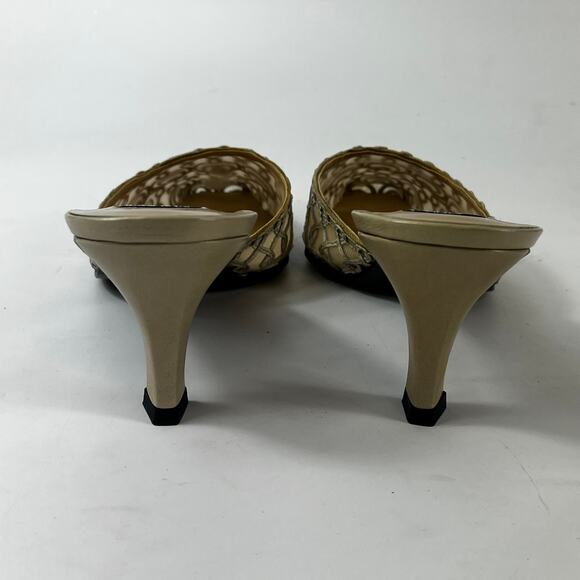 Stuart Weitzman Womens 8B Shoes Heels Slip-On Mules Formal Lacework Brown Gold - Picture 5 of 12